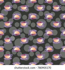 Cup of coffee or tea with dots on background seamless pattern.