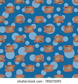 Cup of coffee or tea with dots on background seamless pattern.