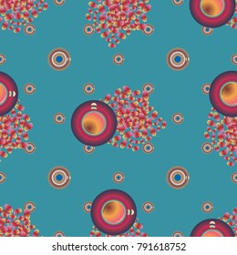 Cup of coffee or tea with dots on background seamless pattern.