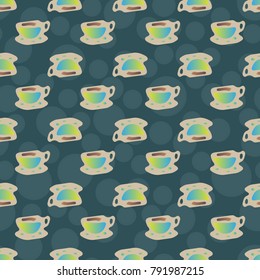 Cup of coffee or tea with dots on background seamless pattern.