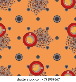 Cup of coffee or tea with dots on background seamless pattern.