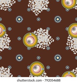 Cup of coffee or tea with dots on background seamless pattern.