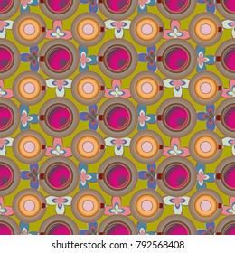 Cup of coffee or tea with dots on background seamless pattern.