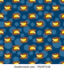 Cup of coffee or tea with dots on background seamless pattern.