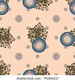 Cup of coffee or tea with dots on background seamless pattern.