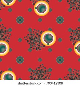 Cup of coffee or tea with dots on background seamless pattern.
