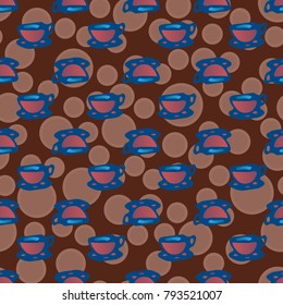 Cup of coffee or tea with dots on background seamless pattern.