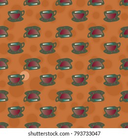 Cup of coffee or tea with dots on background seamless pattern.