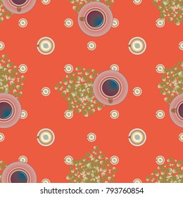 Cup of coffee or tea with dots on background seamless pattern.