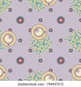 Cup of coffee or tea with dots on background seamless pattern.