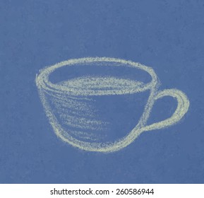 Cup of coffee or tea, drawing with chalk on blue paper