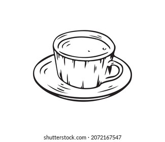 A cup of coffee, tea drawn by hand with a black outline