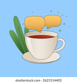 Cup of coffee or tea drink with speech bubbles on plants background. Vector flat illustration.