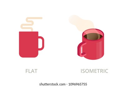 Cup of coffee, tea flat and isometric vector icons