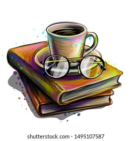 A cup of coffee / tea and glasses on a stack of books. Colorful sketch on a white background in watercolor style.