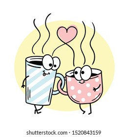 A Cup of coffee and tea go and hold hands. Vector image on white background