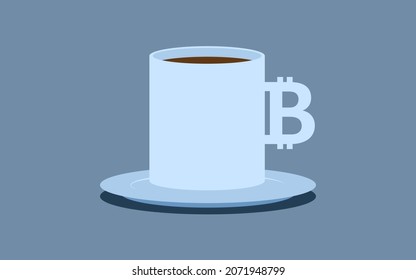 A cup of coffee or tea with a handle in the shape of a bitcoin symbol. Concept illustration of accepting cryptocurrency payments.