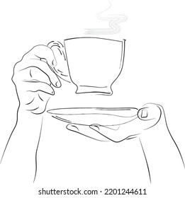 una taza de café o té en las manos. Cartel de una cafetería. Invitación a una cafetería, suscripción. 
