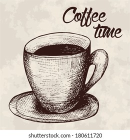 cup of coffee or tea, hands painted in vintage style, engraving