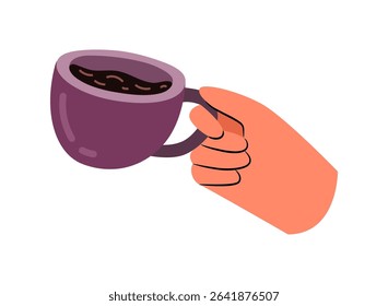 Cup of coffee or tea in hands of personage. Vector in flat style, isolated hand with mug filled with tasty warm beverage. Morning drink or lunch break at work, relaxing while drinking at dinner
