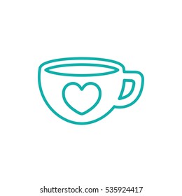cup of coffee tea with heart line icon blue on white