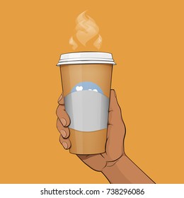 A cup of coffee or tea in his hand. With you, take-away. Hot delicious drink.
