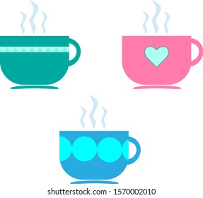 Cup of coffee tea hot drink with steam colorful icons set on white background. Vector illustration.