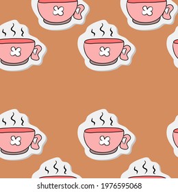 Cup of coffee or tea, hot drink. Vector seamless pattern, illustration, decorative design for fabric or paper. Ornament modern
