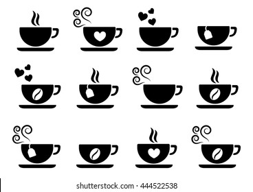 cup of coffee tea hot drink with steam hearts and bean black icons set on white background