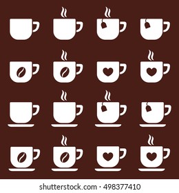 cup of coffee tea hot drink brown vector white icons set on brown background