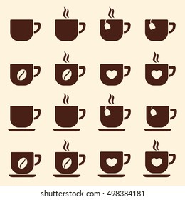 cup of coffee tea hot drink brown vector icons set on white background