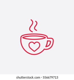 cup of coffee tea hot with heart and steam line icon red on white background