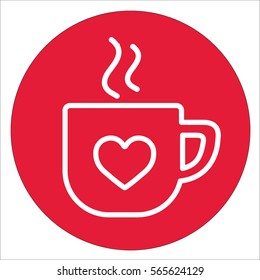 cup of coffee tea hot with hearts steam line icon white on red circle