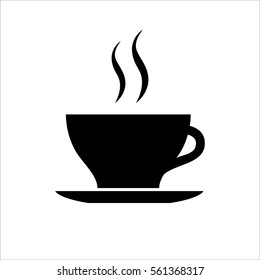 Cup of coffee or tea icon. Hot beverage mug on saucer and smoke. Vector Illustration