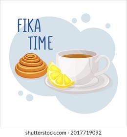 Cup of coffee or tea and kanelbulle. Coffee break fika concept. Isolated hand drawn vector illustration of cute breakfast food.