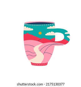 Taza de café o té con paisaje interior. Vidrio de café para ir. Montañas, colinas, cielo y nubes. Estilo de moda vectorial, aislado en la ilustración de fondo blanco.
