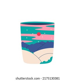Taza de café o té con paisaje interior. Montañas, colinas, cielo y nubes. Estilo de moda vectorial, ilustración aislada.