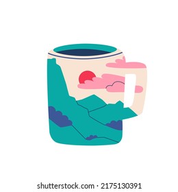 Taza de café o té con paisaje interior. Montañas, colinas, cielo y nubes. Estilo de moda vectorial, ilustración aislada.