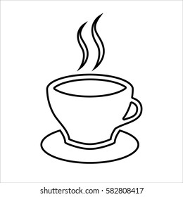  Cup of coffee or tea line icon. Hot beverage mug on saucer and smoke. Vector Illustration 