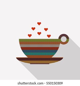 Cup Of Coffee / Tea Made Of Knitted Pattern And Hearts. Positive Start Of The Day Message.