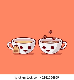 a cup of coffee and tea mascot talking to each other