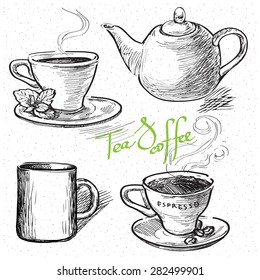 Cup Of Coffee, Tea, Mug, Teapot. Hand Drawn Illustration