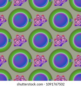 Cup of coffee or tea on background seamless pattern.