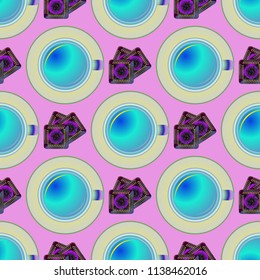 Cup of coffee or tea on background seamless pattern.