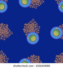 Cup of coffee or tea on beans background seamless pattern.