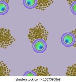 Cup of coffee or tea on beans background seamless pattern.