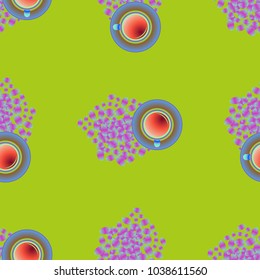 Cup of coffee or tea on beans background seamless pattern.