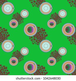 Cup of coffee or tea on beans background seamless pattern.