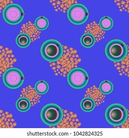 Cup of coffee or tea on beans background seamless pattern.