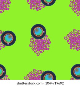 Cup of coffee or tea on beans background seamless pattern.